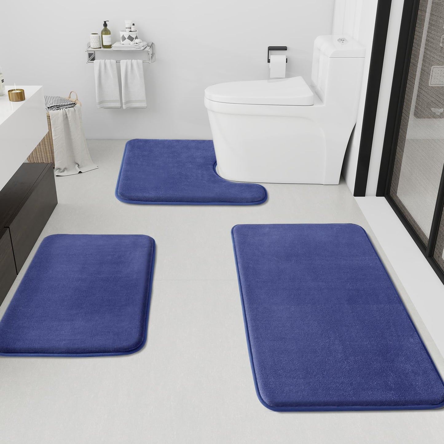 HUXMEYSON Bathroom Rugs Sets 3 Piece, Non-Slip & Quick Dry Bath Mat Set, Ultra Soft Velvet Bath Rugs for Bathroom, Toilet and Shower Floor, Grey