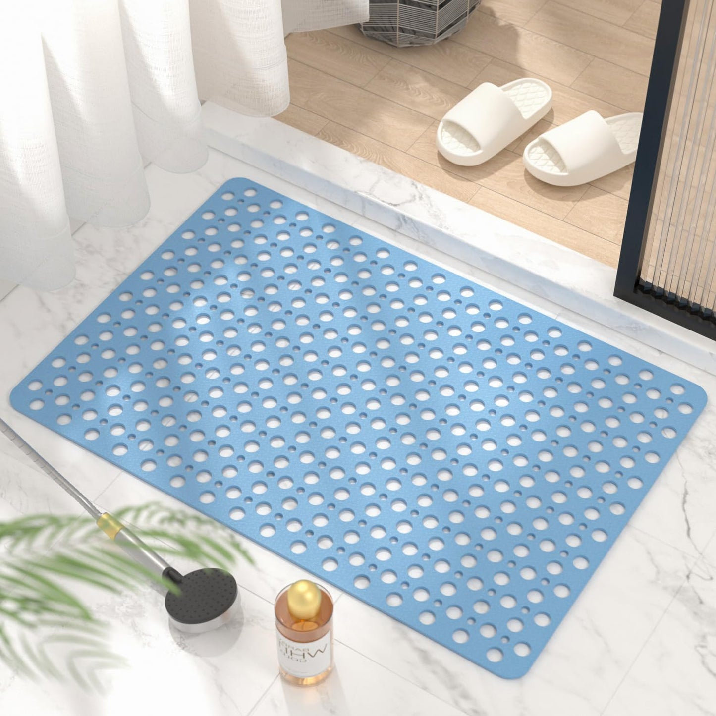 HITSLAM Bathtub Mat Non Slip, Soft TPE Bath Mat for Tub, Efficient Drainage Bathroom Shower Mat with Suction Cups, Bath Tub Mat, Easy to Clean, 28 x 15 Inch, Blue