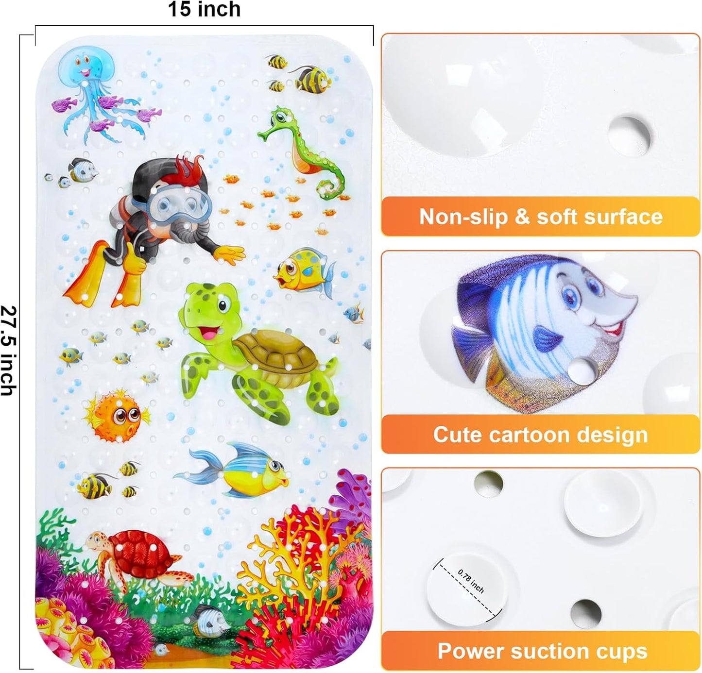 Secopad Bathtub Mat Non Slip, Cartoon Bath Tub Mat, 27.5" x 15", Turtle | Rectangular, Anti-Slip, Machine Washable, with Drain Holes and Suction Cups,For Bathtub and Shower Floor, for Toddler & Kids