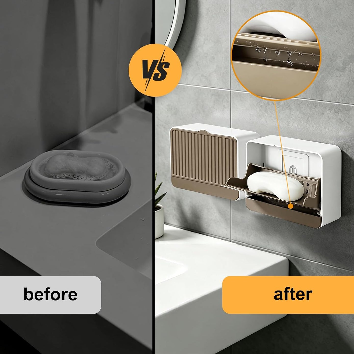 Wall‑Mounted Soap Dish Holder with Self‑Adhesive Wall Hooks, Removable Drain Tray for Draining Water, Keeps Soap Dry, Space Saver for Bathroom Shower Sink Kitchen (1-Pack Khaki-Single Compartment)