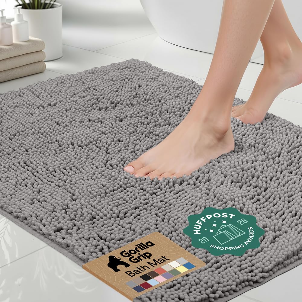 GORILLA GRIP Bath Rug Mat for Bathroom, Absorbent Chenille, 24x17 Gray | Soft Thick Quick Dry Microfiber Mats, Rubber Backing, Machine Washable Tub and Shower Floor Rugs, Home Decor Essentials