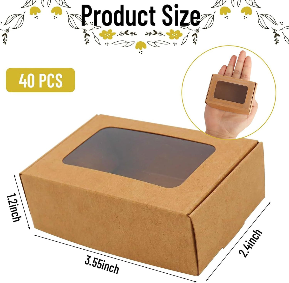RYKOMO 40 PCS Soap Boxes for Homemade 3.55 x 2.4 x 1.2 Inch Small Soap Paper Box Mini Kraft Treat Box with Window for Homemade Soap Packaging Boxes Supplies