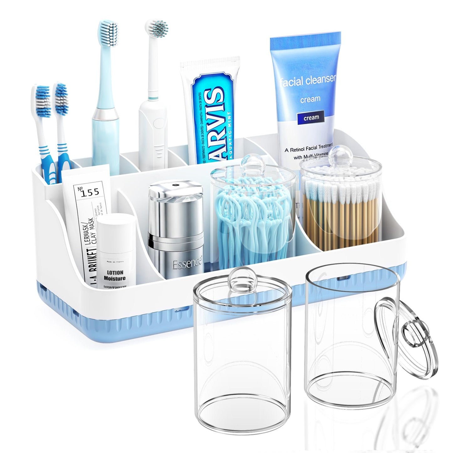 Bathroom Counter Organizer and Storage with 2 Pack Qtip Holder Dispenser, 7 Slots Detachable Toothbrush Holders for Bathrooms, Anti-Slip Electric Toothbrush and Toothpaste Holder Countertop