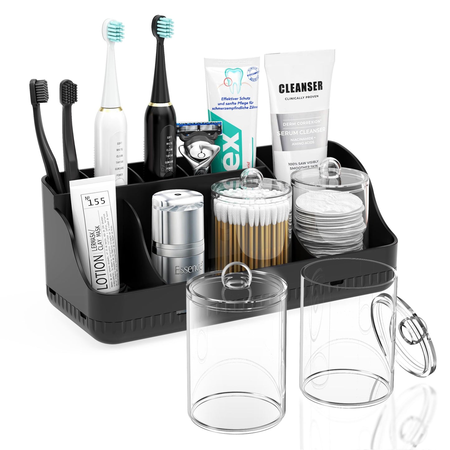 Bathroom Counter Organizer and Storage with 2 Pack Qtip Holder Dispenser, 7 Slots Detachable Toothbrush Holders for Bathrooms, Anti-Slip Electric Toothbrush and Toothpaste Holder Countertop