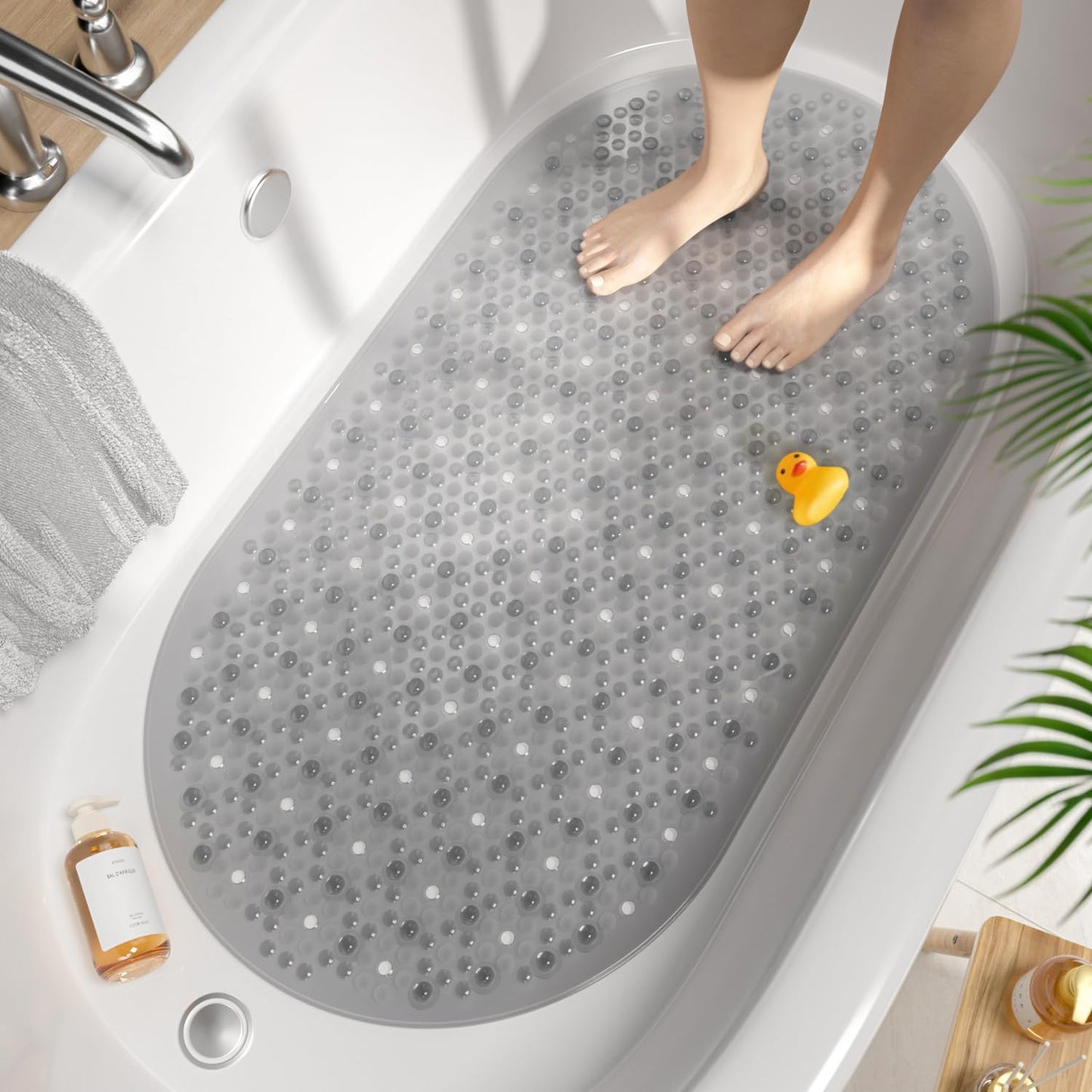 HITSLAM Bathtub Mat Non Slip, 27x15 Inch Bubble Oval Bath Tub Mat for Bathroom, Machine Washable Shower Mat with Suction Cups and Drain Holes, Clear