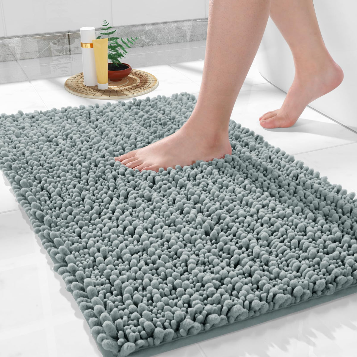 Yimobra Bathroom Rugs Non-Slip Washable – Extra Soft & Absorbent Chenille Bath Mat, Quick-Dry Plush Shaggy Floor & Vanity Bath Rugs for Tub & Shower, Modern Home Decor Accessories, 24 x 17, Grey