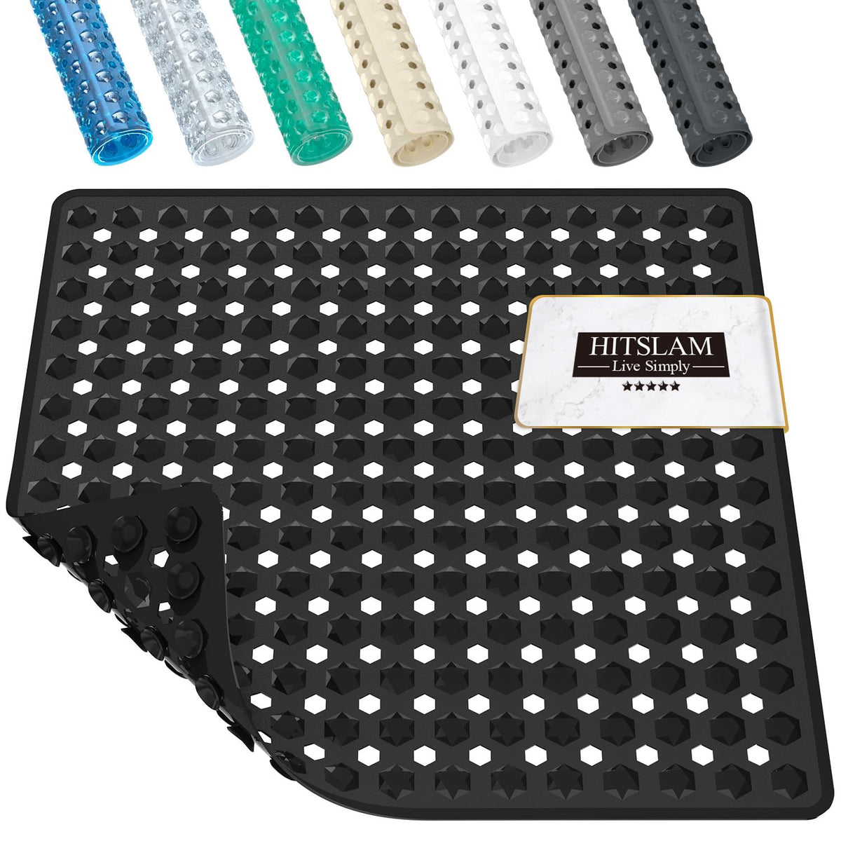 HITSLAM Shower Mat Anti Slip, Square Bath Mat for Tub Non Slip with Suction Cups and Drain Holes, 21x21 Inch Bathroom Shower Stall Floor Mat, Machine Washable, Soft on Feet, Clear
