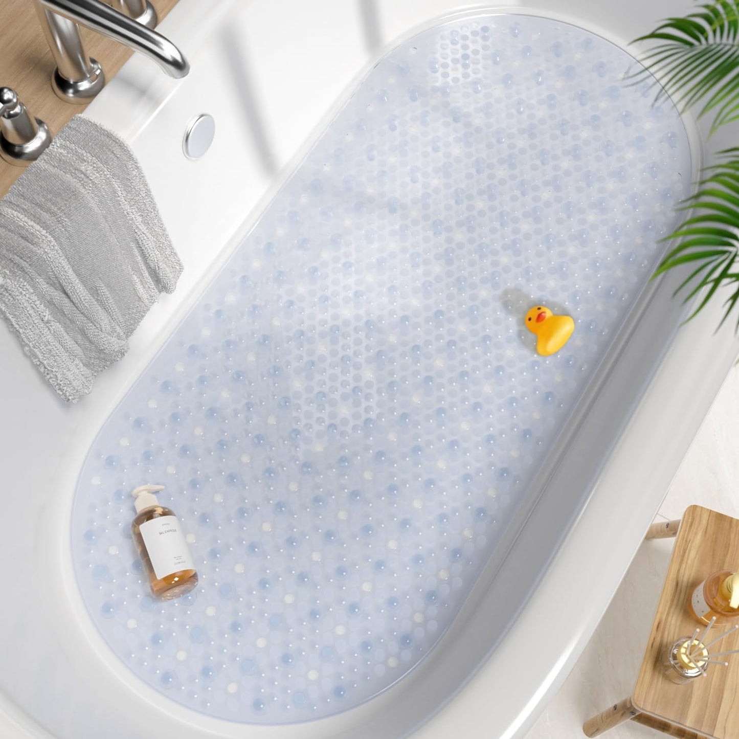 HITSLAM Bathtub Mat Non Slip, 27x15 Inch Bubble Oval Bath Tub Mat for Bathroom, Machine Washable Shower Mat with Suction Cups and Drain Holes, Clear