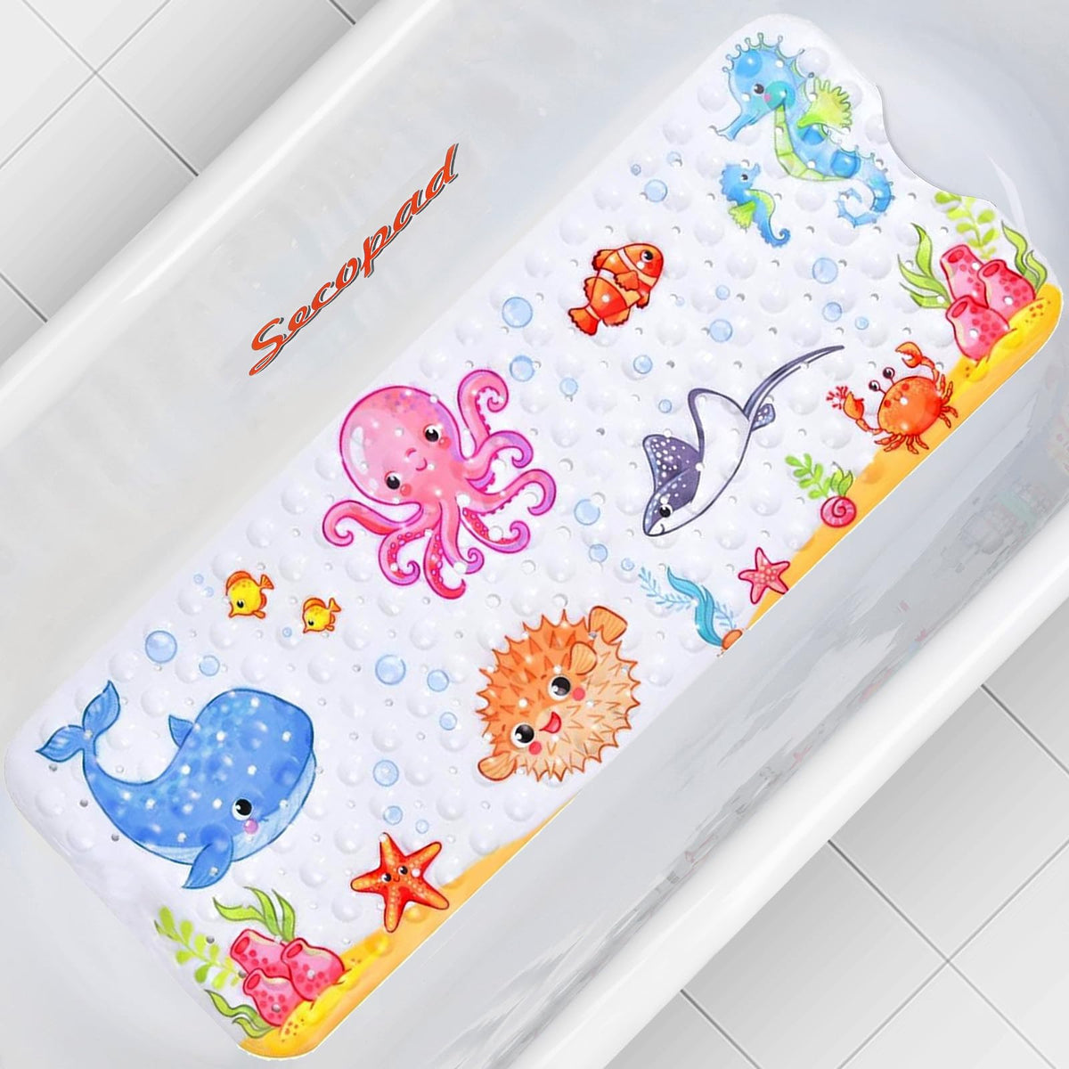 Secopad Bathtub Mat Non Slip, Cartoon Bath Tub Mat, 40" x 16", Turtle | Rectangular, Anti-Slip, Machine Washable, with Drain Holes and Suction Cups,For Bathtub and Shower Floor, for Toddler & Kids