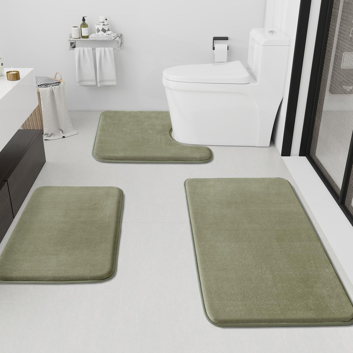HUXMEYSON Bathroom Rugs Sets 3 Piece, Non-Slip & Quick Dry Bath Mat Set, Ultra Soft Velvet Bath Rugs for Bathroom, Toilet and Shower Floor, Grey