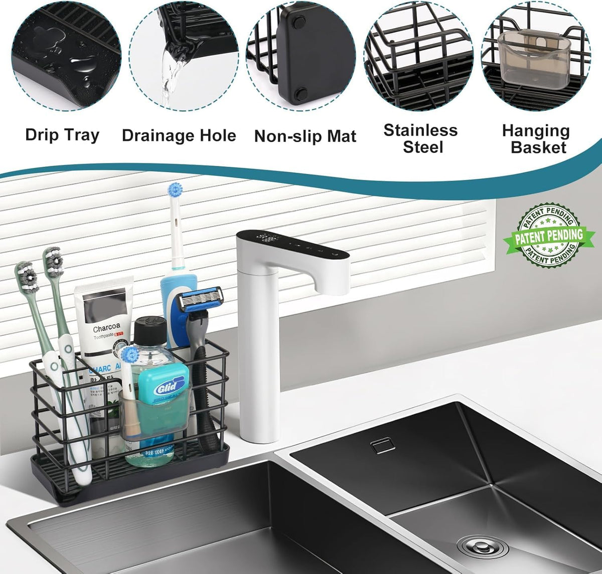 Toothbrush Holders for Bathroom,Black,Stainless Steel,Detachable,Tray,5 Slot