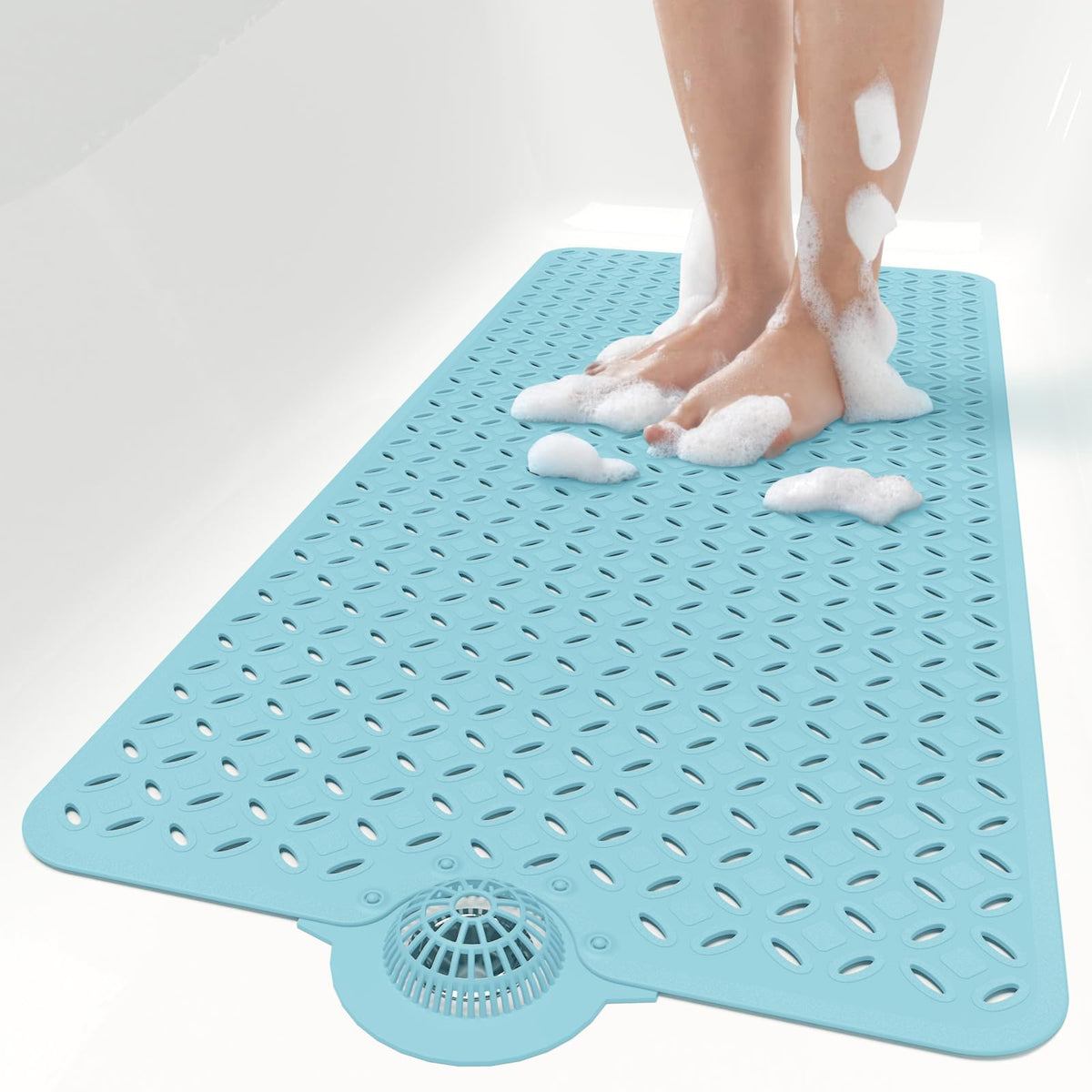 OTHWAY Bath Mat for Tub Non Slip: 39" X 17" Long Bathtub Mat with Hair Catcher│Big Drain Holes Shower Mats for Inside Shower│Machine Washable (Grey)