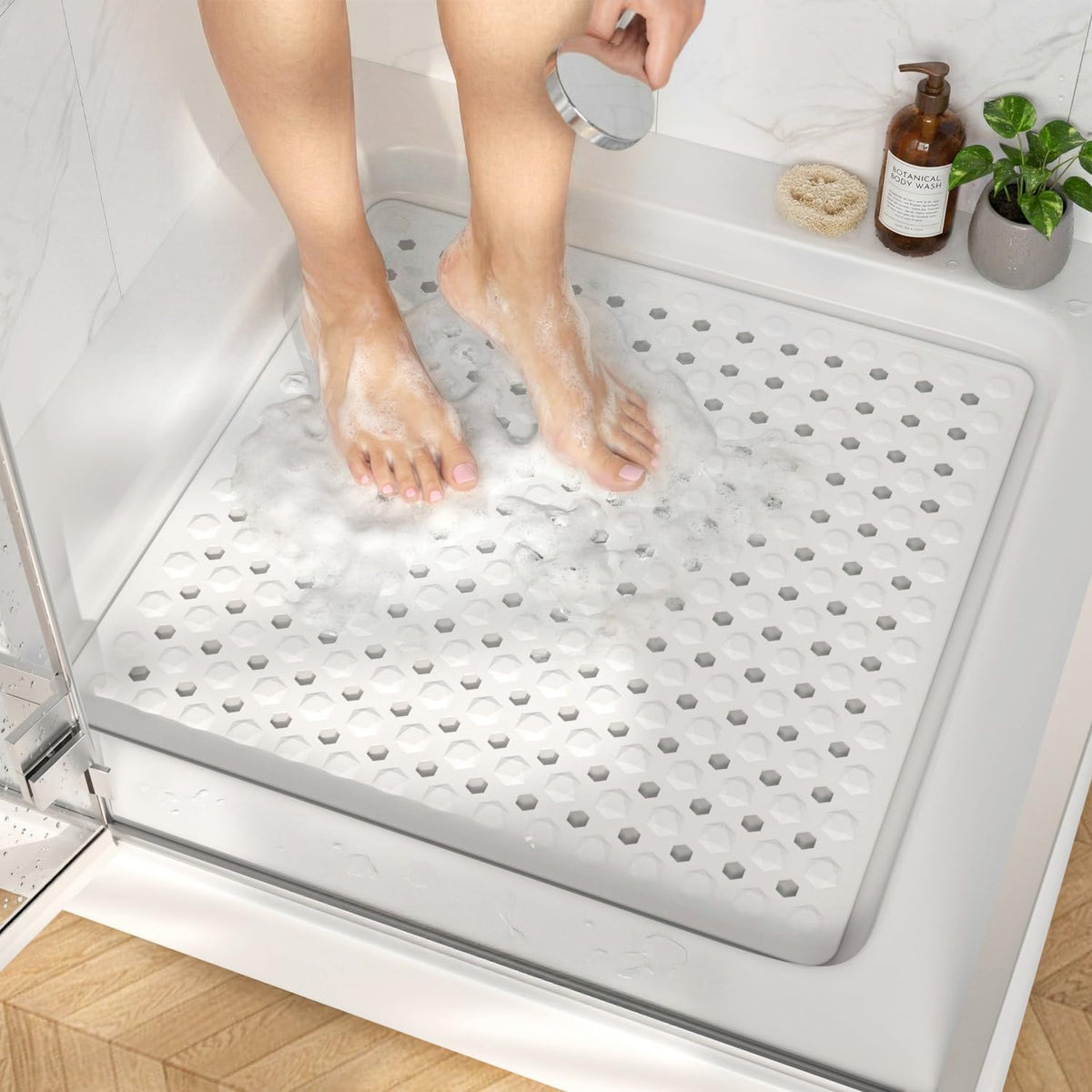 HITSLAM Shower Mat Anti Slip, Square Bath Mat for Tub Non Slip with Suction Cups and Drain Holes, 21x21 Inch Bathroom Shower Stall Floor Mat, Machine Washable, Soft on Feet, Clear