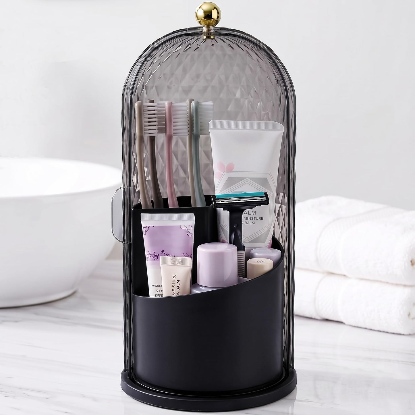QIYVLOS Toothbrush Holders with Sliding Lid, Rotating 3 Slots Bathroom Organizer Countertop, Tooth Brush Toothpaste Holder Bathroom Counter Stand Caddy for Vanity Makeup Brushes Holder (White)