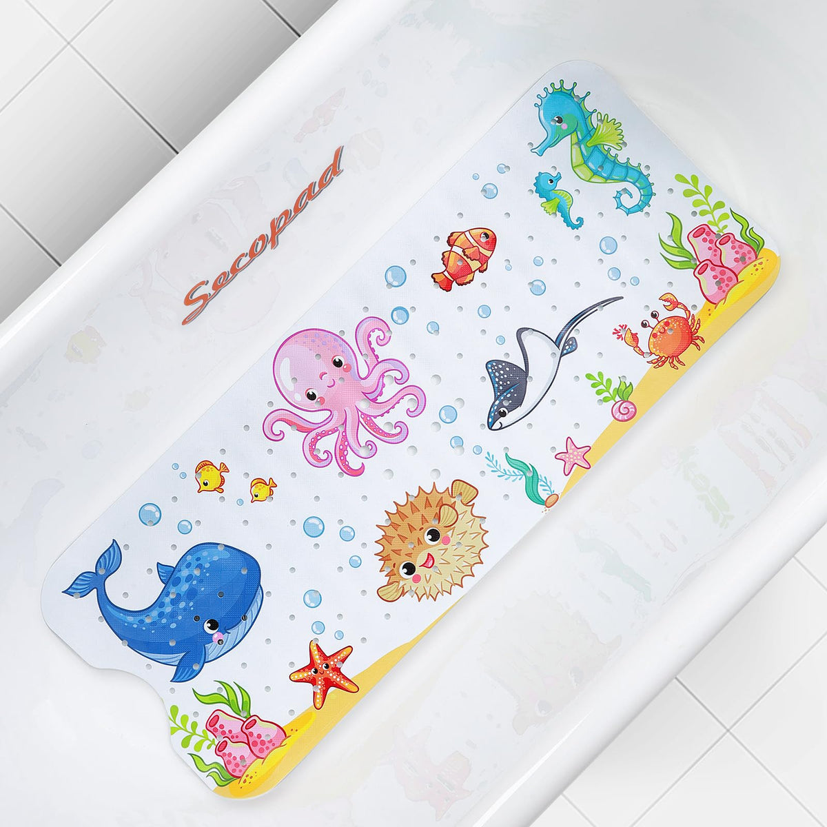 Secopad Bathtub Mat Non Slip, Cute Tub Mat, 40" x 16", Turtles | Rectangular, Anti-Slip, Machine Washable, with Drain Holes and Suction Cups,For Bathtub and Shower Floor, for Toddler & Kids