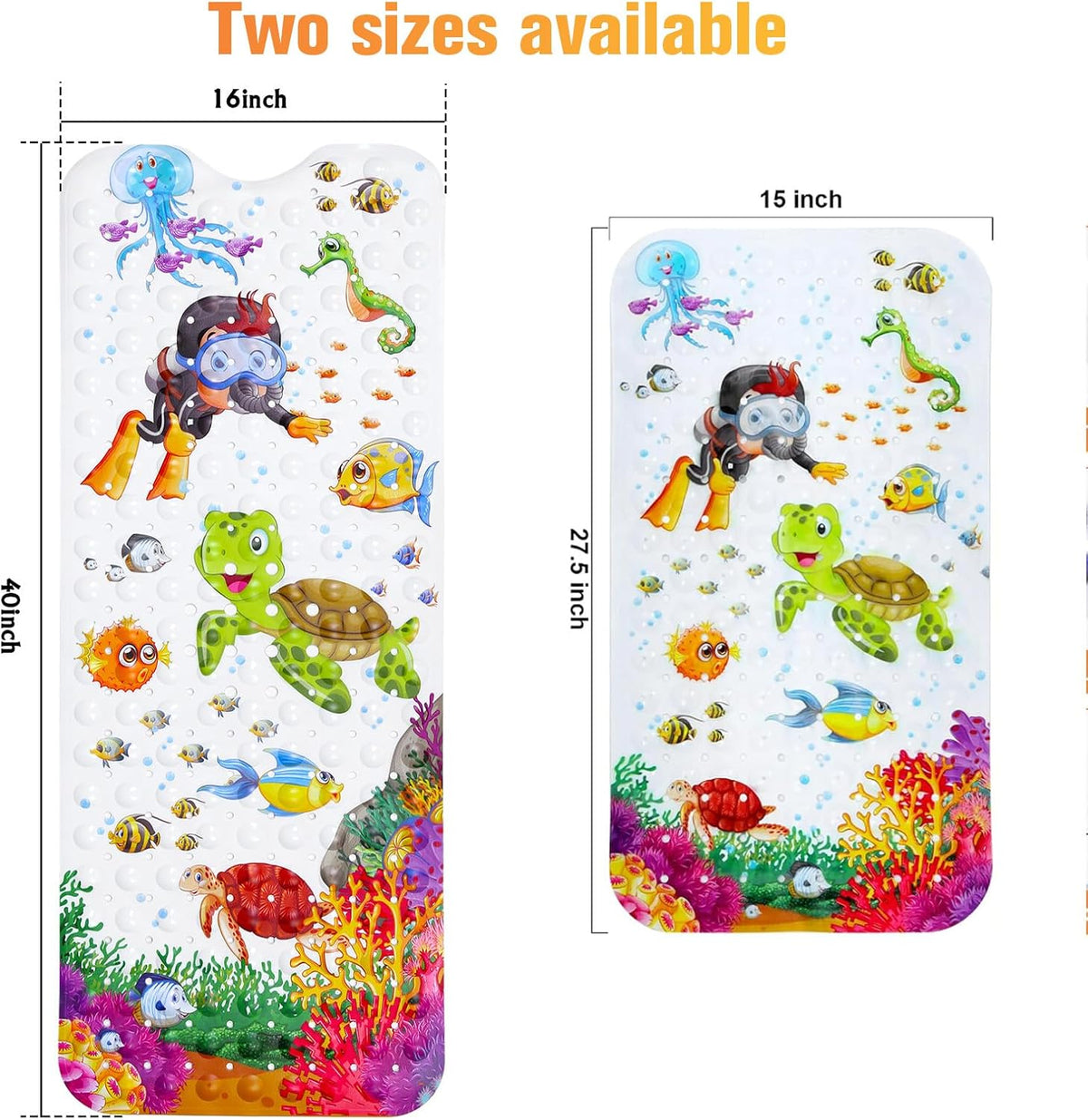 Secopad Bathtub Mat Non Slip, Cartoon Bath Tub Mat, 27.5" x 15", Turtle | Rectangular, Anti-Slip, Machine Washable, with Drain Holes and Suction Cups,For Bathtub and Shower Floor, for Toddler & Kids