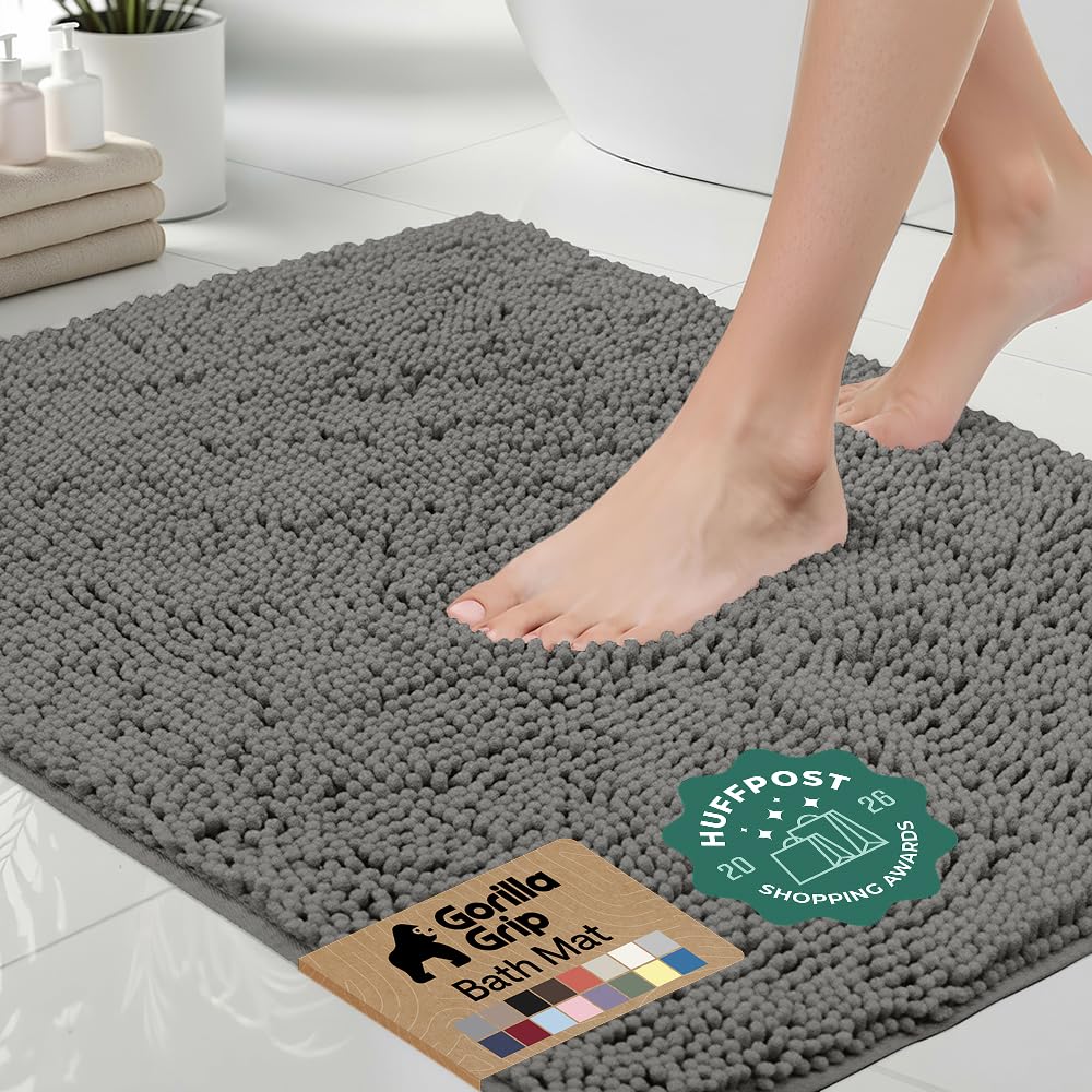 GORILLA GRIP Bath Rug Mat for Bathroom, Absorbent Chenille, 24x17 Gray | Soft Thick Quick Dry Microfiber Mats, Rubber Backing, Machine Washable Tub and Shower Floor Rugs, Home Decor Essentials