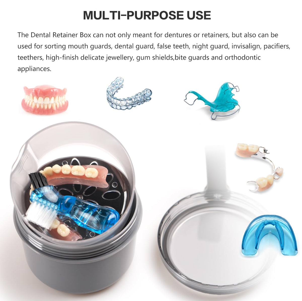 Leak Proof Travel Denture Bath Case for Full Dentures, Denture Cups for Soaking Dentures, Denture Container Cups with Brush for Dentures, Aligner, Retainers, Mouth Guard (Gray)