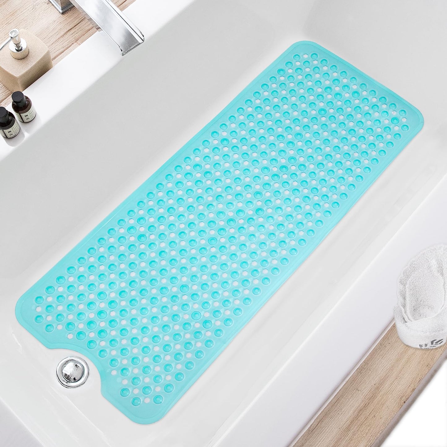 TEESHLY Bath Tub and Shower Mats, Non Slip 40 x 16 Inch Extra Large Bathtub Mat, Machine Washable Bathmat with Drain Holes, Suction Cups for Bathroom Floor, Gray