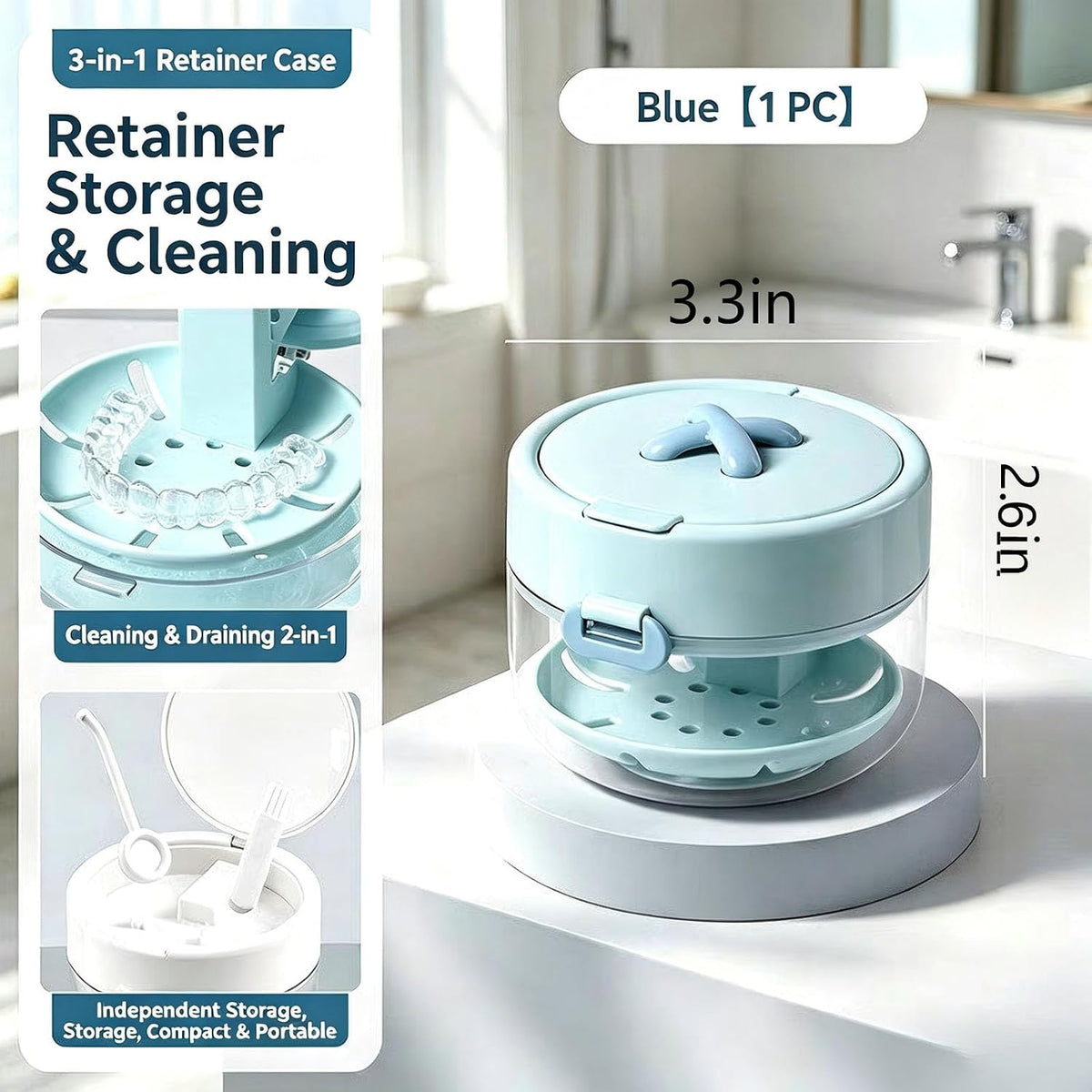 Retainer Cleaner Case with Auto-Lifting Strainer, Blue | Leak proof aligner bath cup with automatic lifting strainer basket, denture case with mirror, brush and cleaning tool