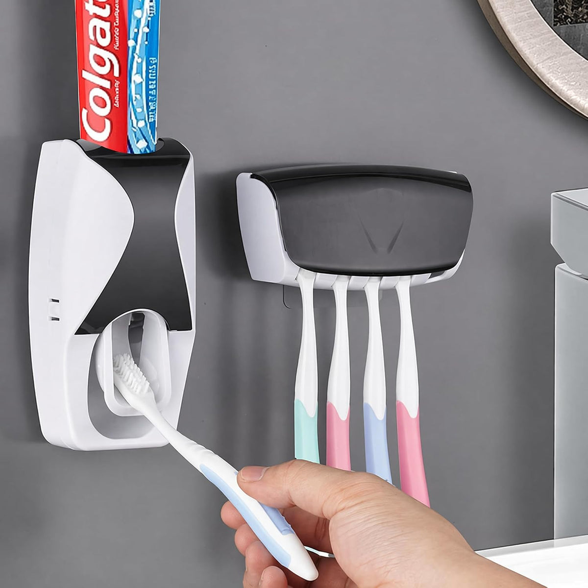 Automatic Toothbrush Dispenser Wall Mount Toothpaste Squeezer and Toothbrush Holder Set for Kids Family Bathroom Use (Black)
