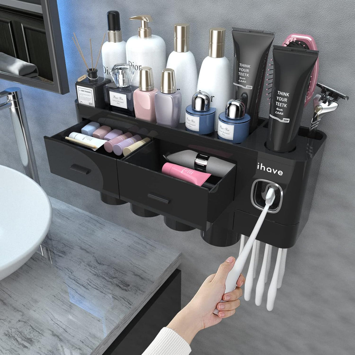 iHave Toothbrush Holders Wall Mounted with Toothpaste Dispenser & 2 Cups | All-in-One Bathroom Organizer: 2 Cups, 6 Slots, Toothpaste Dispenser, Large Tray & Drawer. Wall Mount, No Drilling Required