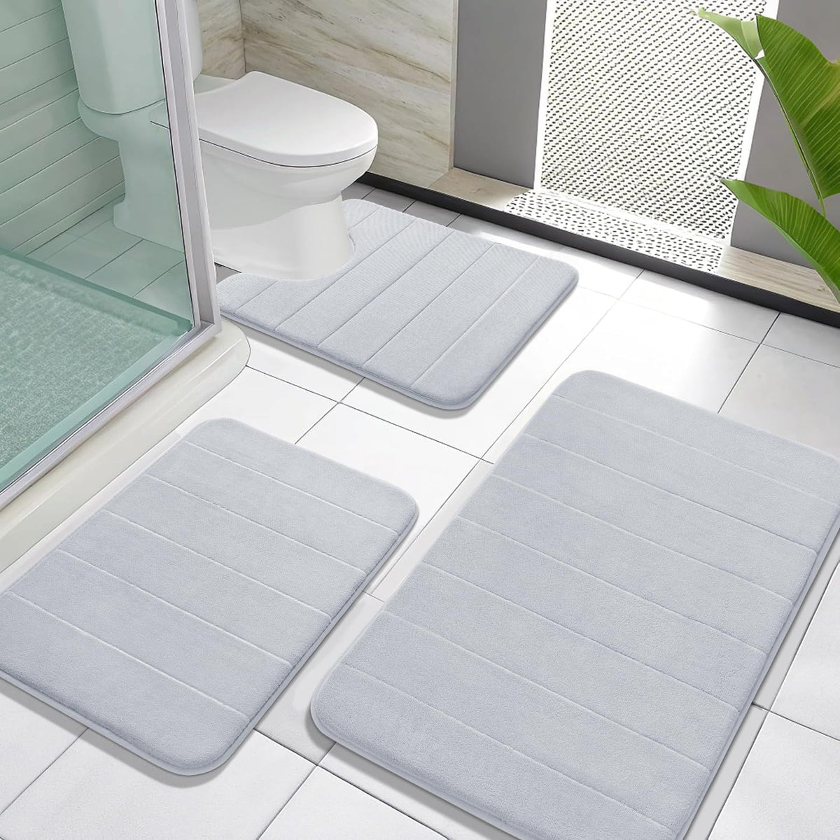 Yimobra Memory Foam Bath Mat Set 3 Pieces- Super Soft Absorbent Quick Dry Bathroom Rug Sets, Machine Washable Non Slip Floor Carpet for Tub Shower, Vanity & Toilet Base, Gray