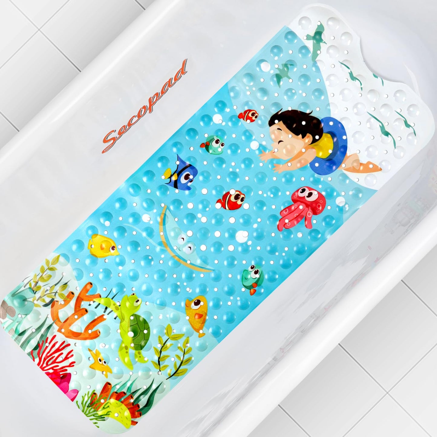 Secopad Bathtub Mat Non Slip, Cartoon Bath Tub Mat, 40" x 16", Turtle | Rectangular, Anti-Slip, Machine Washable, with Drain Holes and Suction Cups,For Bathtub and Shower Floor, for Toddler & Kids