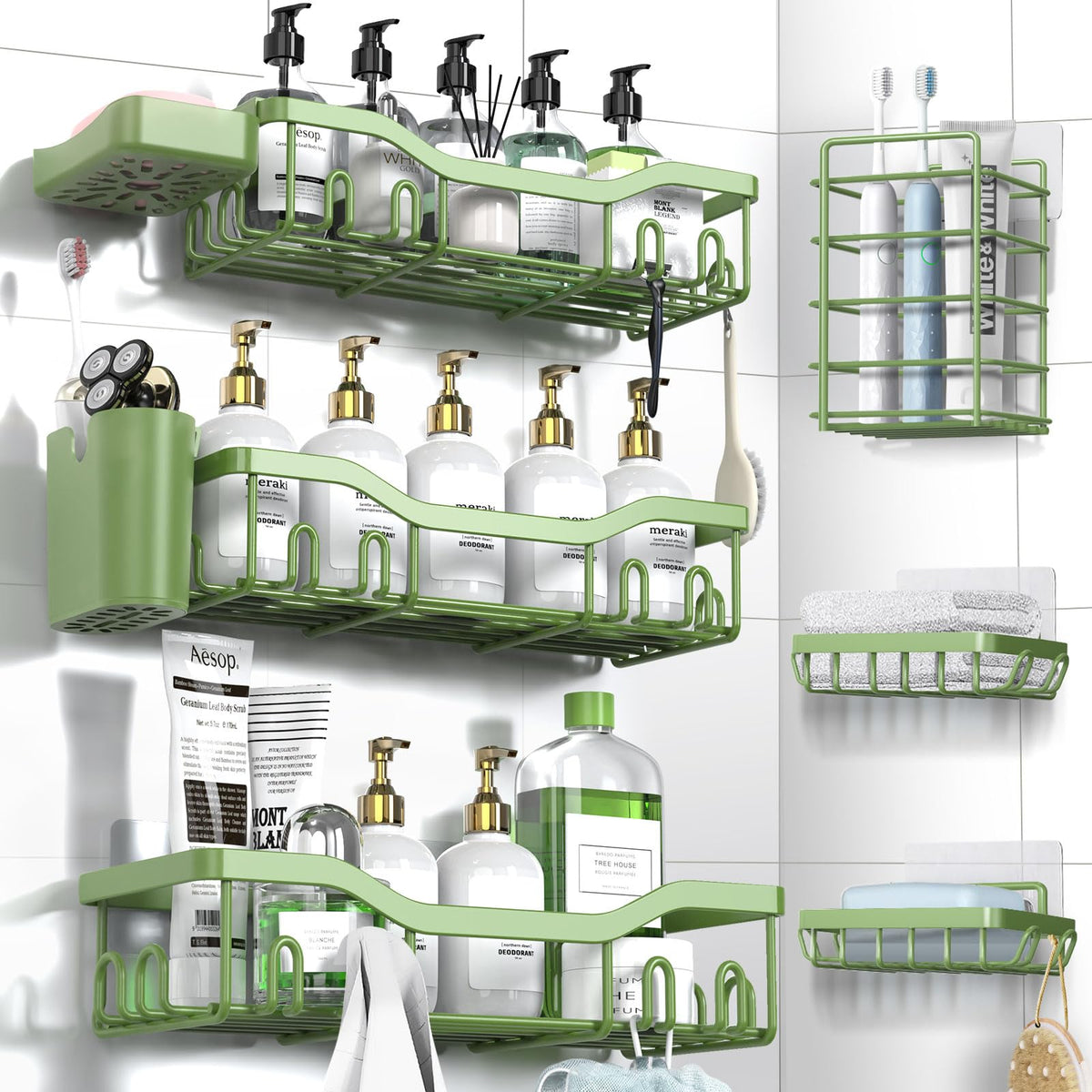 NESOMI 7-Pack Shower Caddy Adhesive,Stainless Steel Shower Organizer Shelf | Rustproof, with Soap Dish Toothbrush Holder, Large Capacity, No-Drill Rack Bathroom Storage Accessories, 24 Hooks, Home Decor