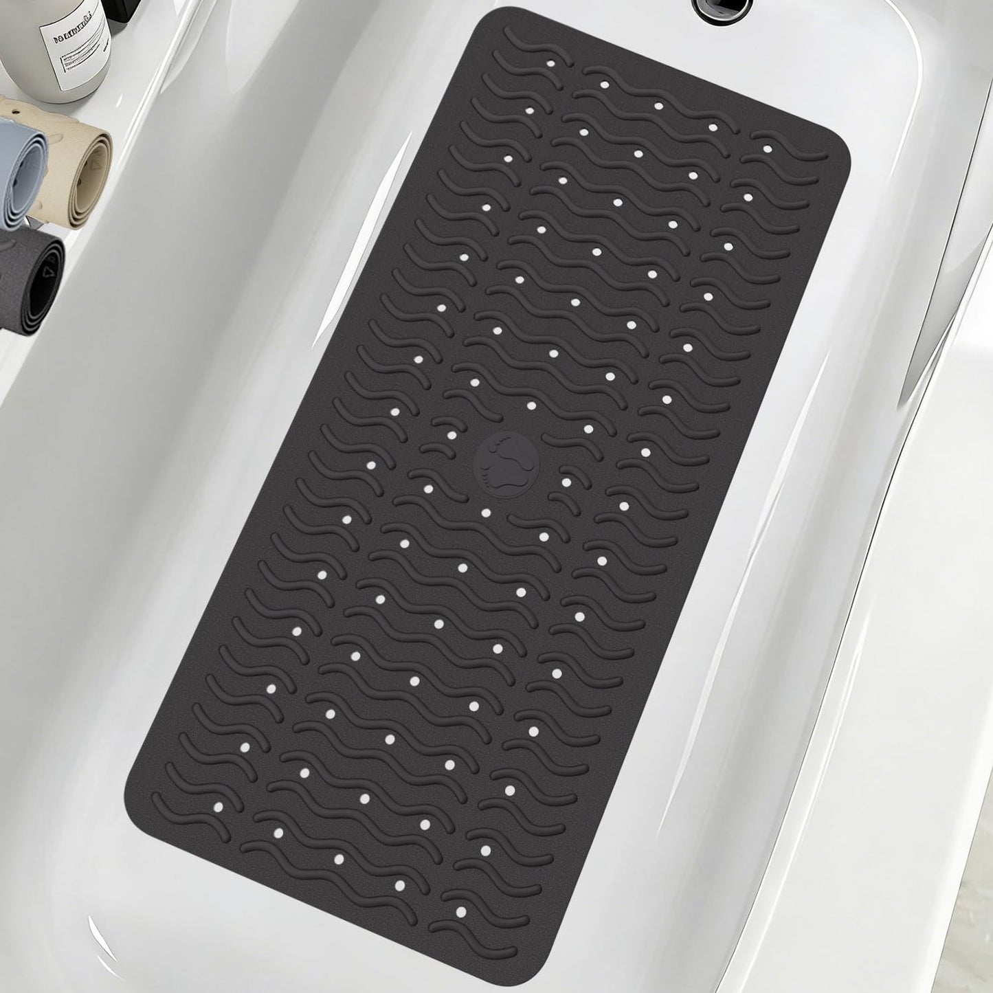 Non Slip Bathtub Mat & Shower Mat, 31x15'' Anti Slip Bath Mat for Tub, Soft TPE Anti-Skid Bathroom Mat with 194 Suction Cups & Drain Holes, Wave-Textured Grip, Machine Washable, Grey