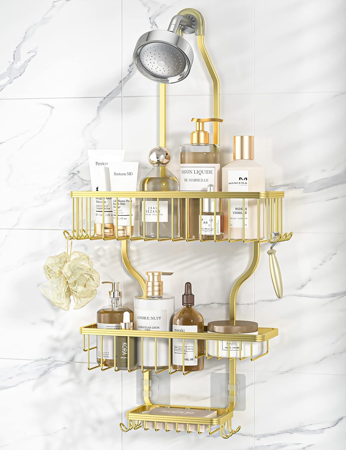 YASONIC Never Rust Shower Caddy Hanging, Aluminum Shower Racks for Inside Shower, 3-Tier Shower Organizer Hanging Over Shower Head with Hooks and Soap Holder, Silver