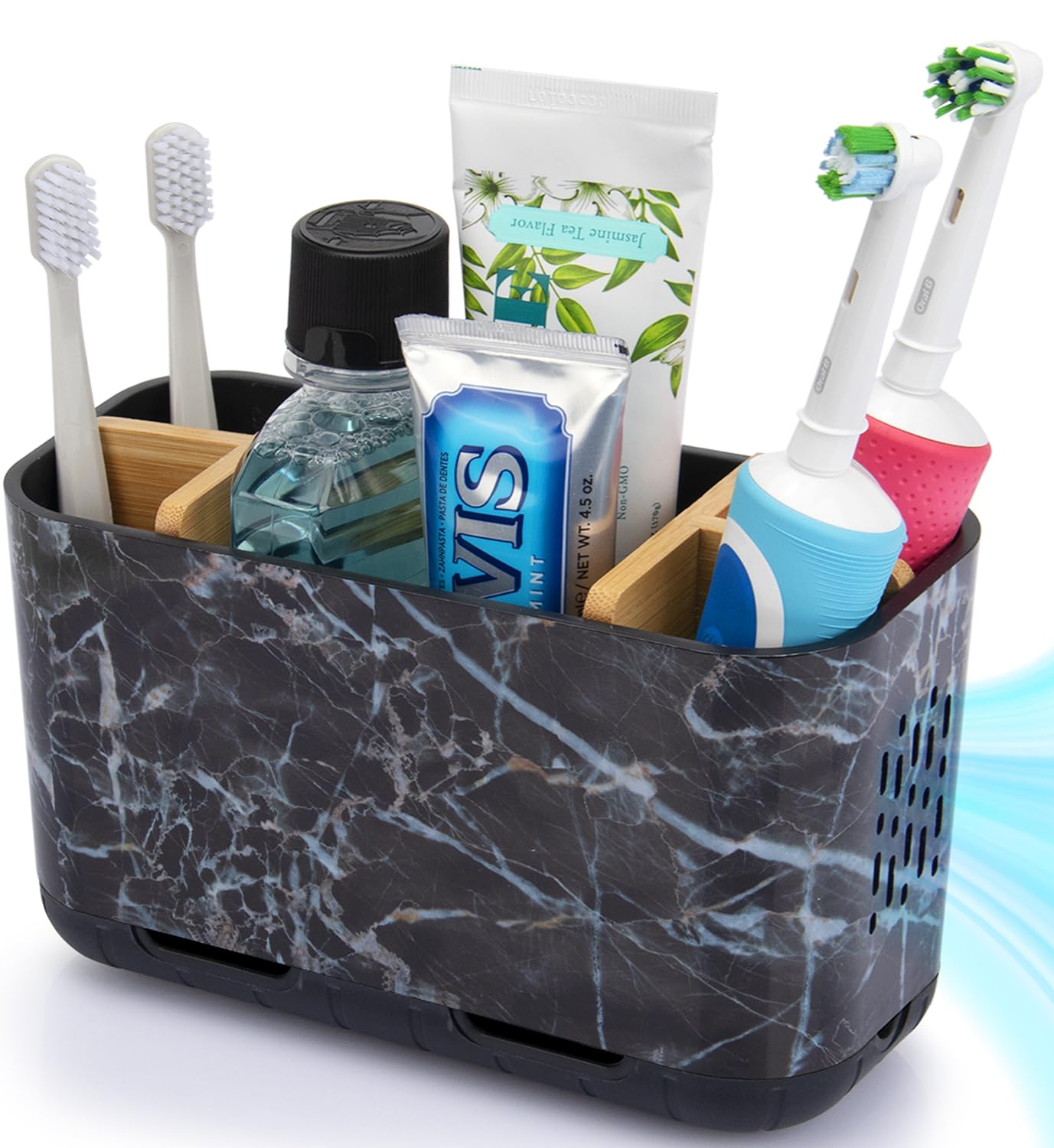 GFWARE Toothbrush Holders for Bathrooms, 5 Slots Bamboo Toothbrush Holder Kids Electric Toothbrush Holder and Toothpaste Holder for Bathroom Countertop Accessories Storage, Marble Toothbrush Organizer | 5 Slots Kids Electric Toothbrush and Toothpaste Hold