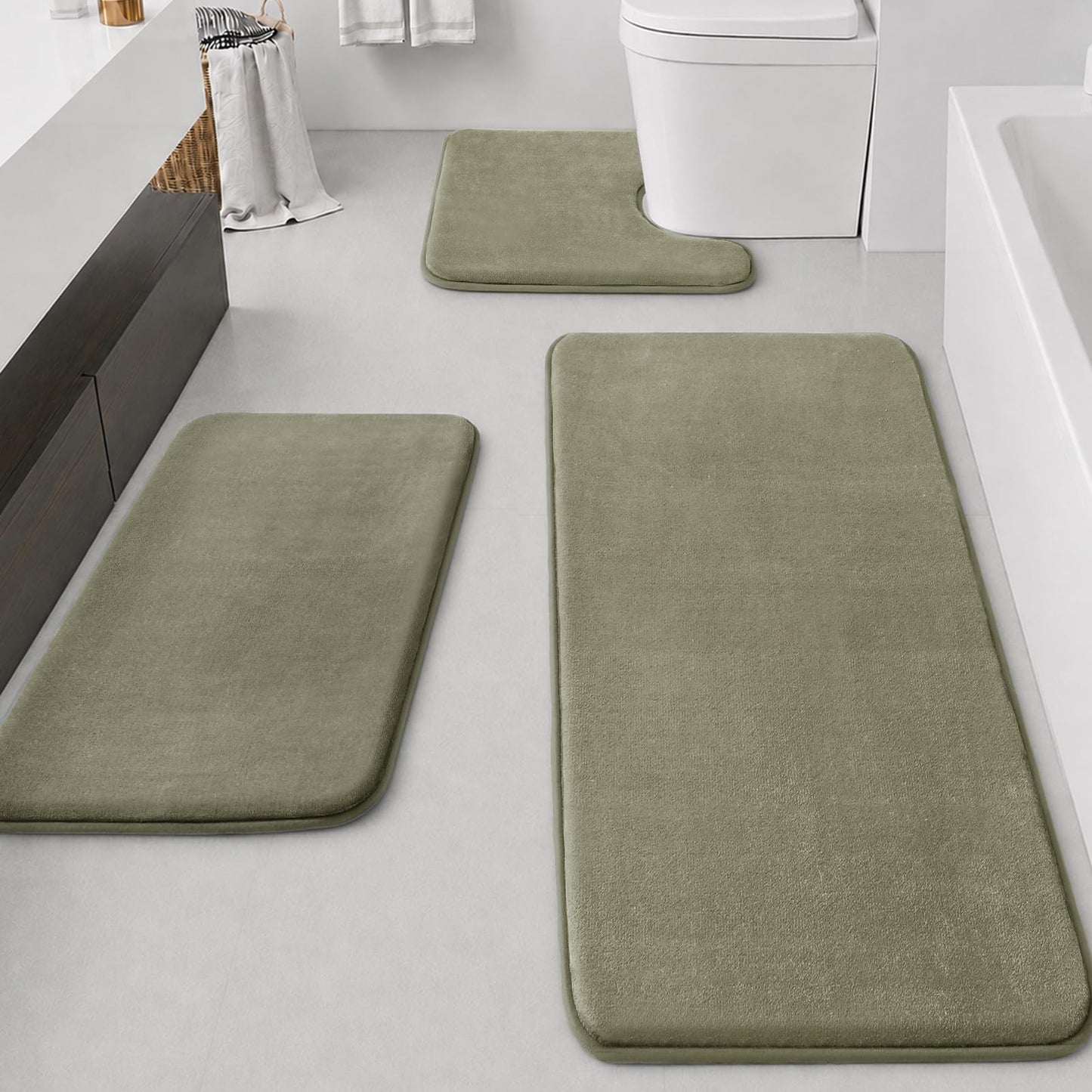 HUXMEYSON Bathroom Rugs Sets 3 Piece, Non-Slip & Quick Dry Bath Mat Set, Ultra Soft Velvet Bath Rugs for Bathroom, Toilet and Shower Floor, Grey