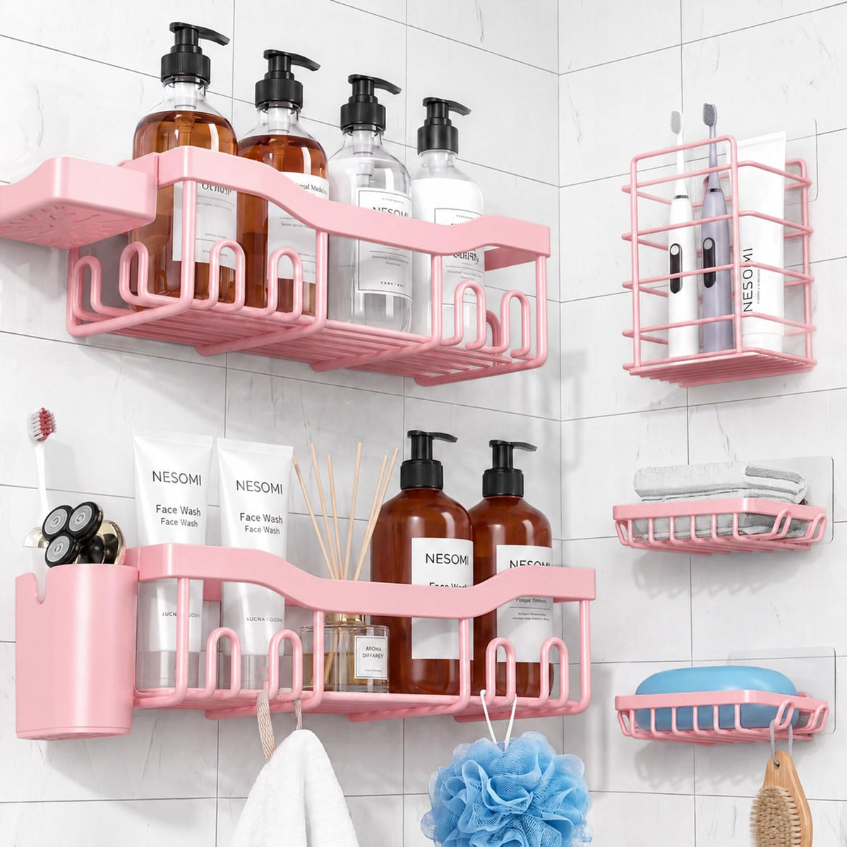 NESOMI 7-Pack Shower Caddy Adhesive,Stainless Steel Shower Organizer Shelf | Rustproof, with Soap Dish Toothbrush Holder, Large Capacity, No-Drill Rack Bathroom Storage Accessories, 24 Hooks, Home Decor