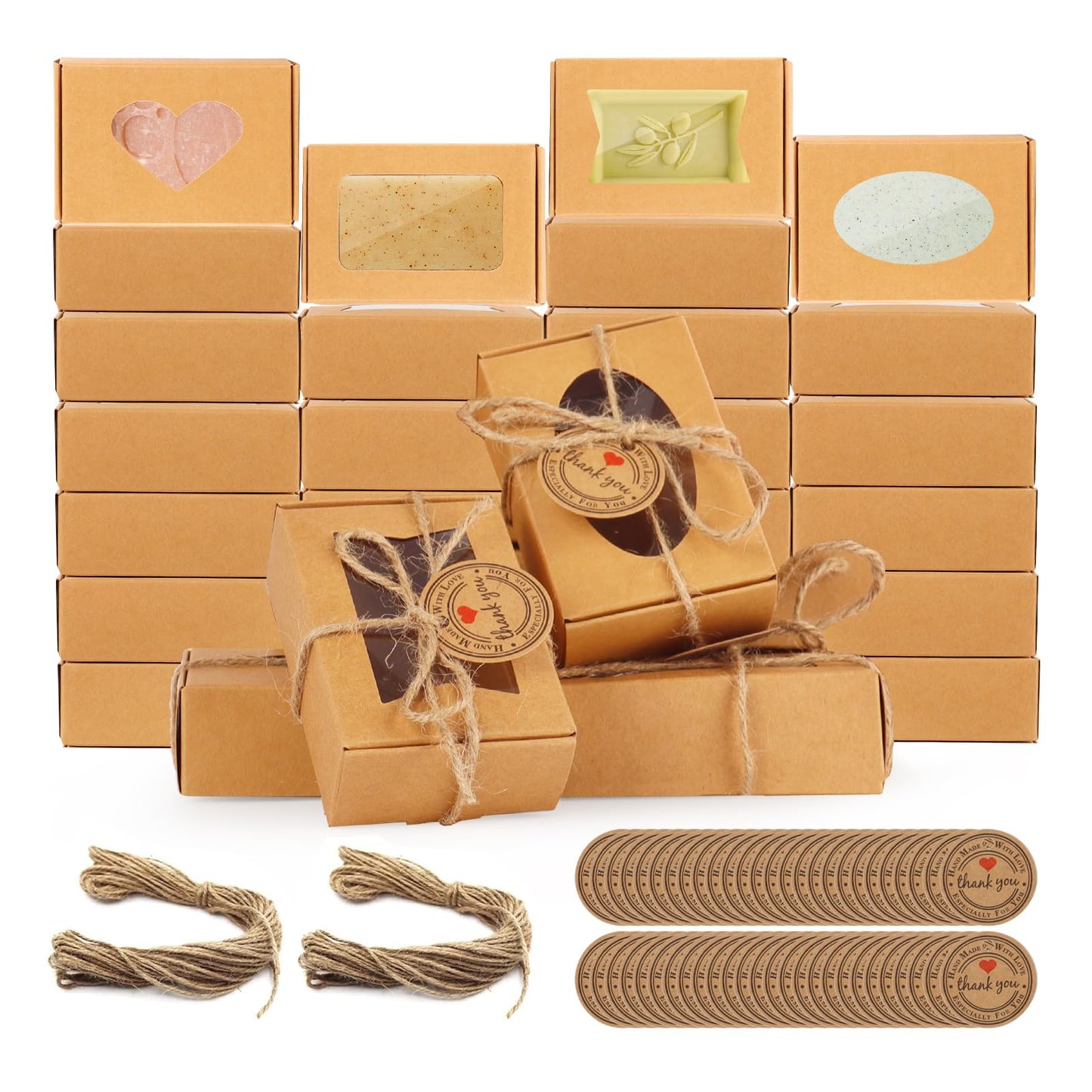 RYKOMO 40 PCS Soap Boxes for Homemade 3.55 x 2.4 x 1.2 Inch Small Soap Paper Box Mini Kraft Treat Box with Window for Homemade Soap Packaging Boxes Supplies