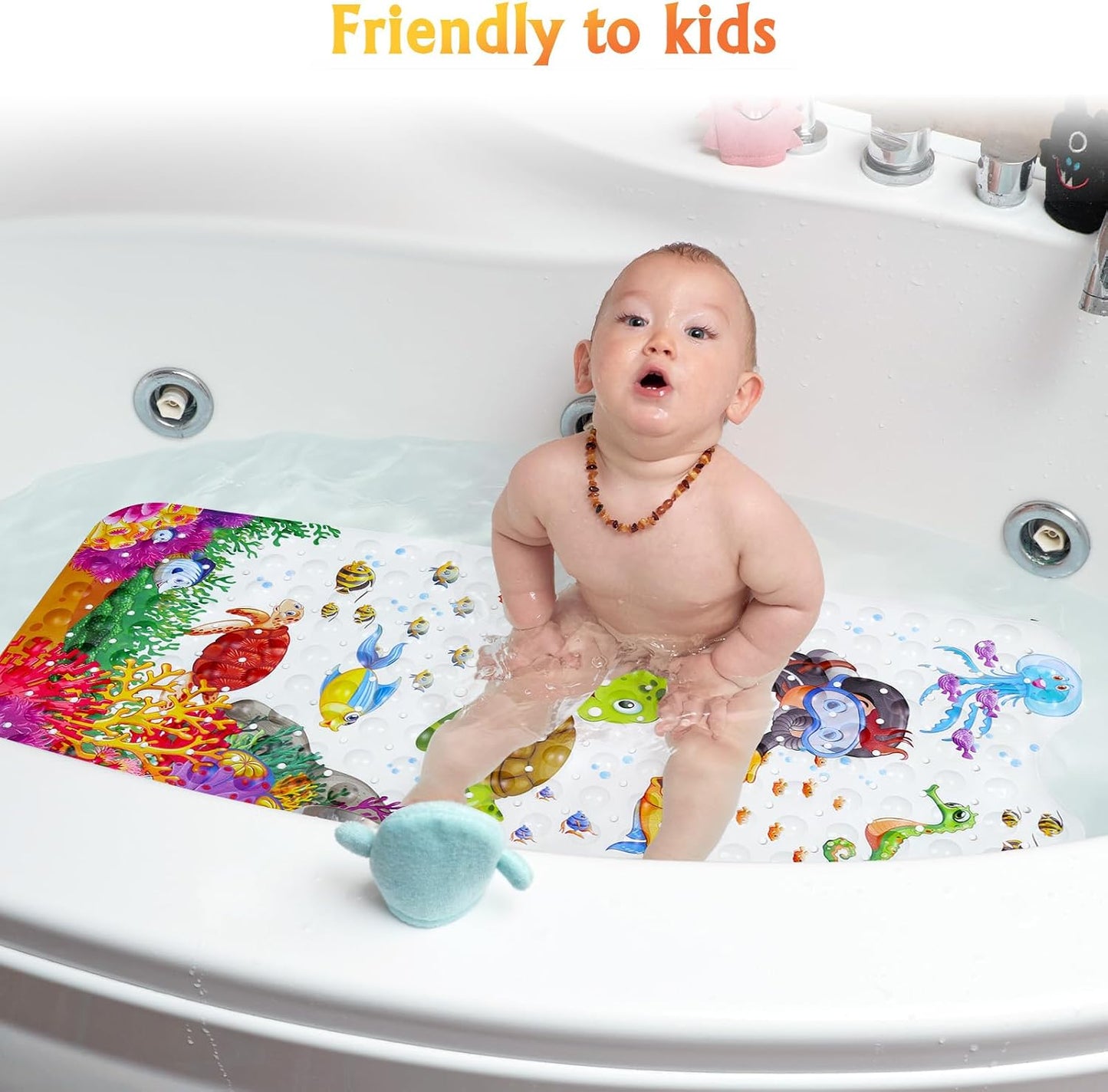 Secopad Bathtub Mat Non Slip, Cartoon Bath Tub Mat, 40" x 16", Turtle | Rectangular, Anti-Slip, Machine Washable, with Drain Holes and Suction Cups,For Bathtub and Shower Floor, for Toddler & Kids