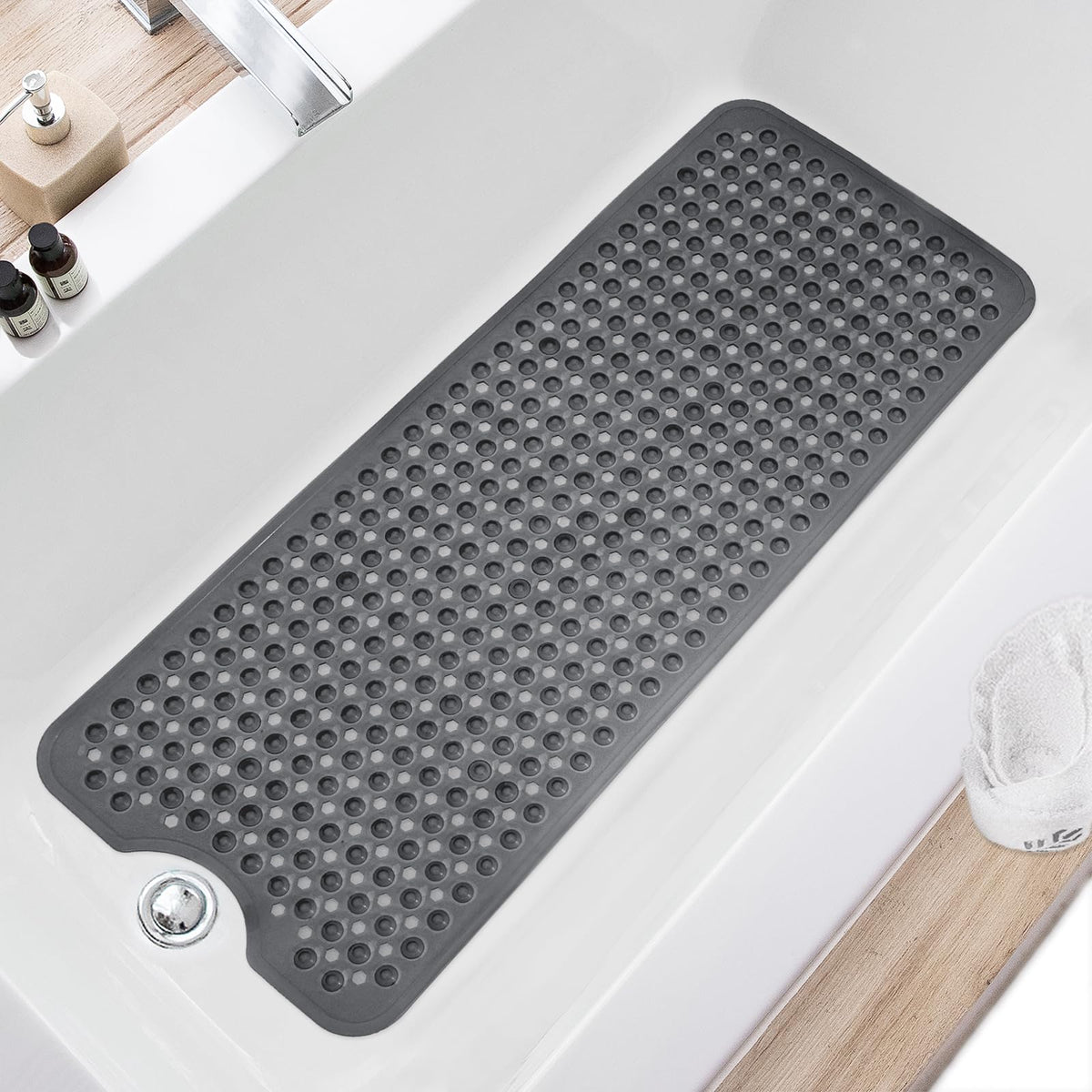 TEESHLY Bath Tub and Shower Mats, Non Slip 40 x 16 Inch Extra Large Bathtub Mat, Machine Washable Bathmat with Drain Holes, Suction Cups for Bathroom Floor, Gray