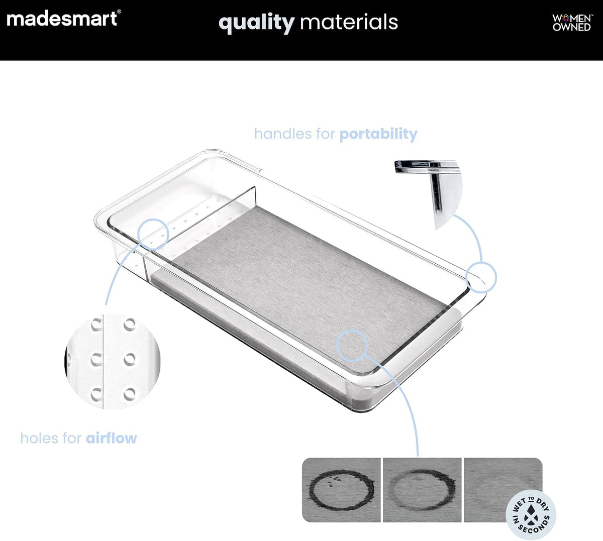 madesmart Drying Stone Drawer Organizer, Clear | diatomite, fast drying surface, divided layout, toothpaste floss, dental items, bathroom counter, woman owned