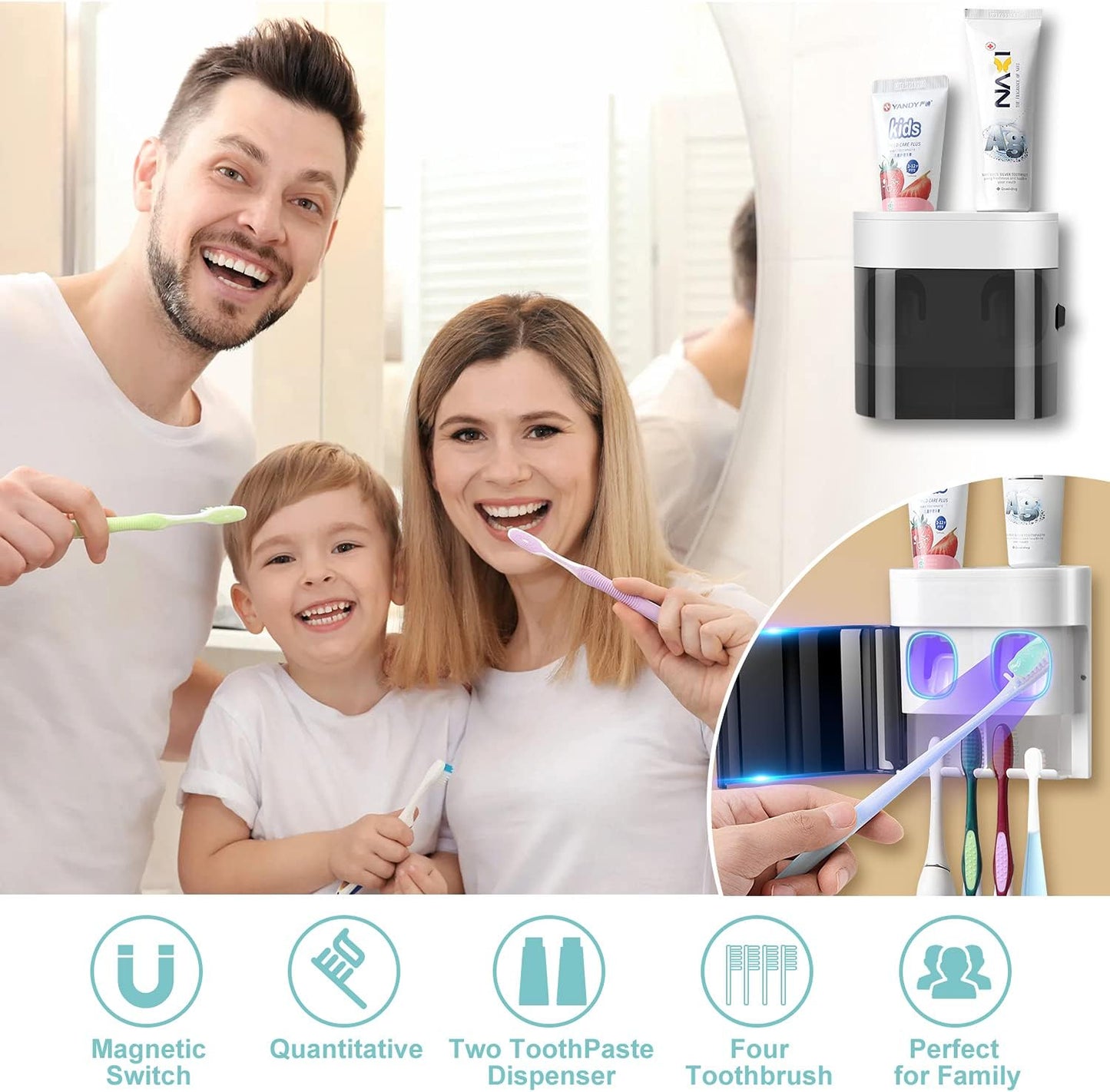GFWARE Toothbrush Holder Toothpaste Dispenser Wall Mounted with Cover, 4 Slots Tooth Brush Storage Organizer with Automatic Kids Toothpaste Squeezers for Shower Bathroom Black | Automatic Toothpaste dispenser for Kids, Bathroom Storage Organizer with Dust