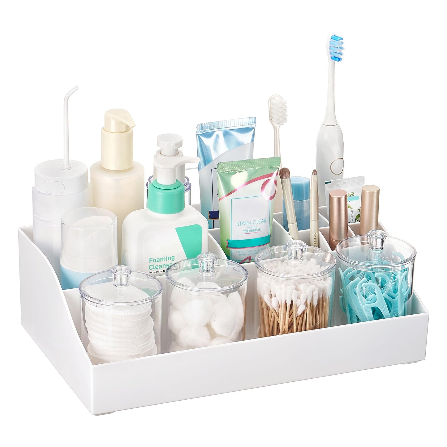 Vtopmart 5 PCS Bathroom Countertop Organizer Sets | 1 Divided Tray, 4 Qtip Holder Jars, Clear, For Toothbrush, Cotton Pads, for bathroom countertop