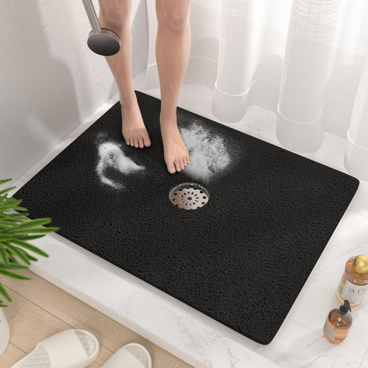 HITSLAM Square Shower Mat, 24 x 24 Inch Non Slip Bath Mat for Tub, Soft PVC Loofah Bathtub Mats with Drain Holes, Quick Drying Bathroom Stall Floor Mat, Bathroom Accessories Without Suction Cup, Grey