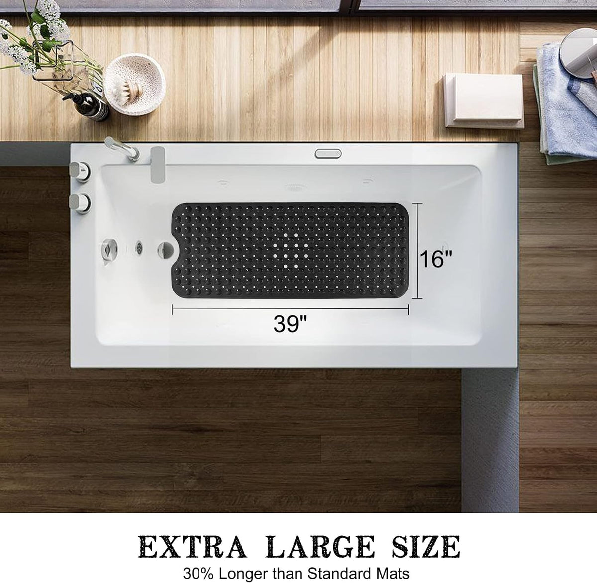 Extra Long Non-Slip Bathtub Shower Mat, 39 x 16 Inch Black Bath Mat | Built with Strong Suction Cups & Quick Drain Holes, Machine Washable Anti-Slip Mat for Bathroom Tub & Shower Floor