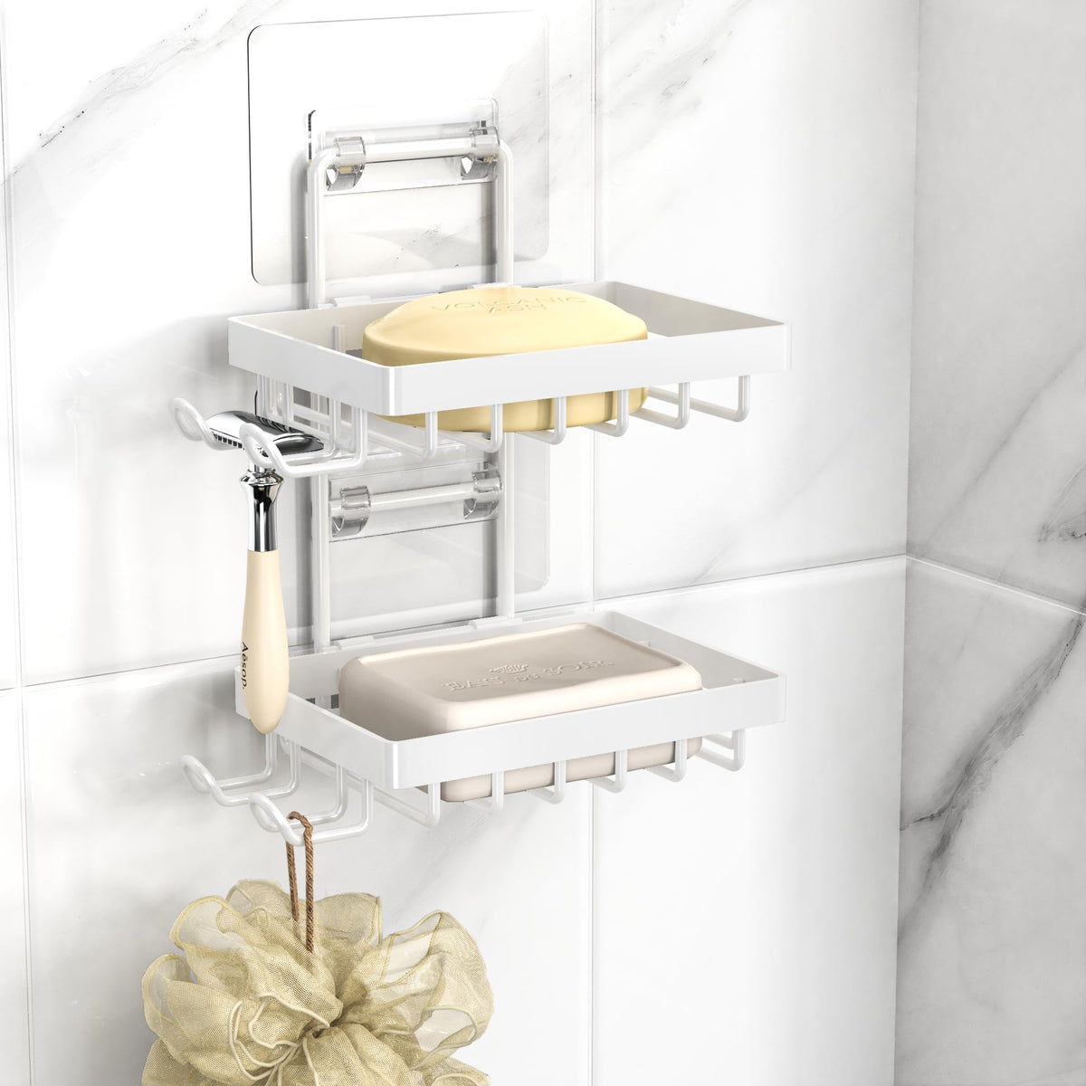 Moforoco Double Soap Bar Holder for Shower, No Drilling, 304 Stainless Steel, Wall Mounted Soap Holder with 4 Hooks and Razor Holder, Shower Rack Soap Tray Bar Soap for Bathroom Accessories Organizer