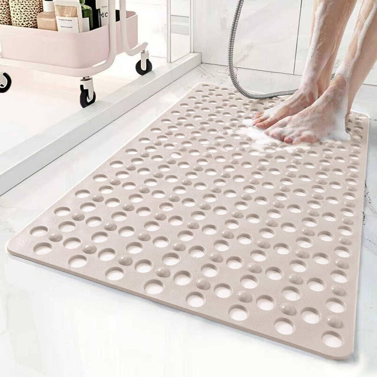 Non Slip Bathtub Mat and Shower Mat 31x17 inch,Bath Mat with Quick Dry Drain Holes and Suction Cups, Soft Comfortable Safe Bathroom Mat for Bath Tub, Floor, Tile (Grey)