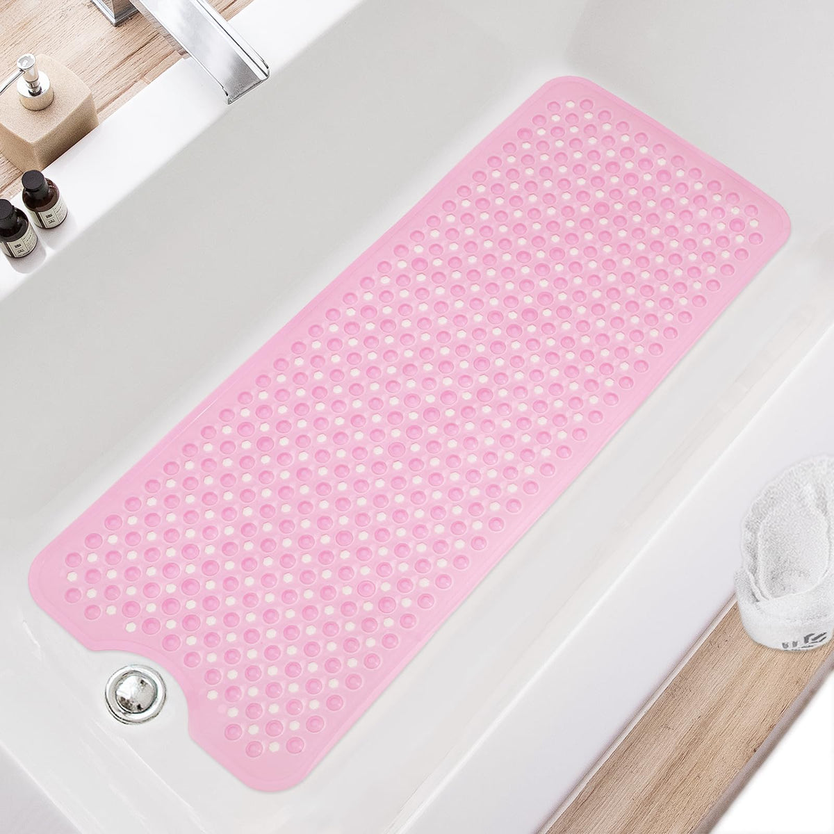 TEESHLY Bath Tub and Shower Mats, Non Slip 40 x 16 Inch Extra Large Bathtub Mat, Machine Washable Bathmat with Drain Holes, Suction Cups for Bathroom Floor, Gray