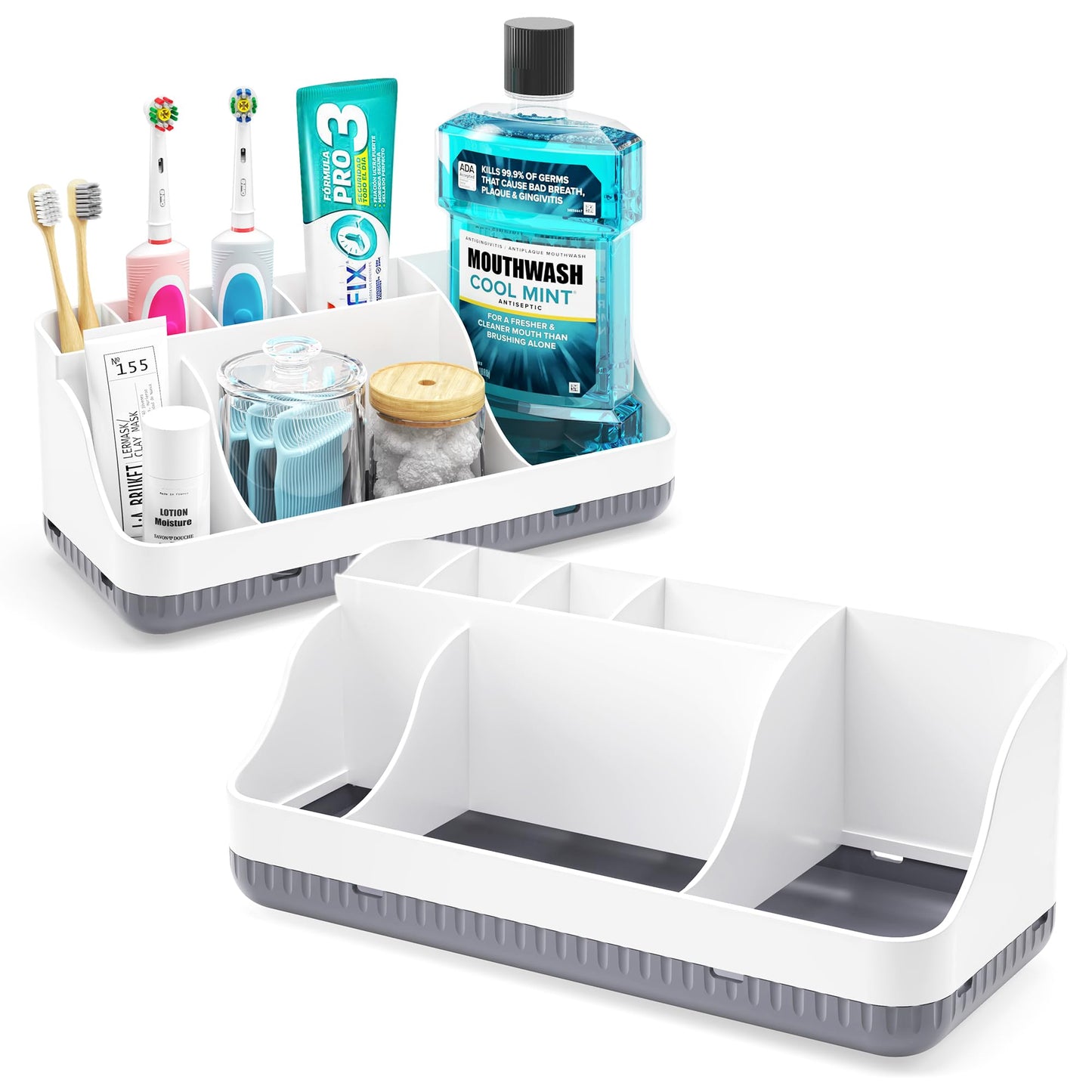Bathroom Counter Organizer and Storage with 2 Pack Qtip Holder Dispenser, 7 Slots Detachable Toothbrush Holders for Bathrooms, Anti-Slip Electric Toothbrush and Toothpaste Holder Countertop