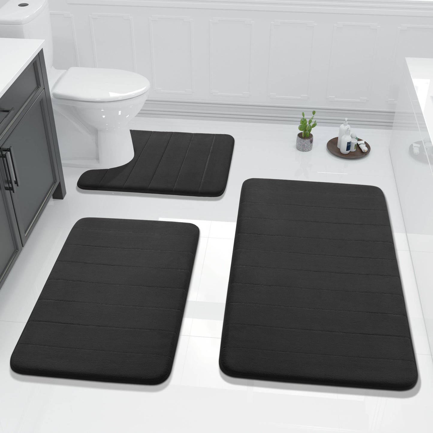 Yimobra Memory Foam Bath Mat Set 3 Pieces- Super Soft Absorbent Quick Dry Bathroom Rug Sets, Machine Washable Non Slip Floor Carpet for Tub Shower, Vanity & Toilet Base, Gray