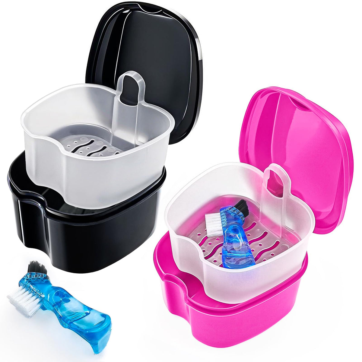 2 Pack Denture Case Dental Mouthguard Case, Denture Bath Box Cleaning with Brush, Strainer Basket and Lid Waterproof - Purple and Blue