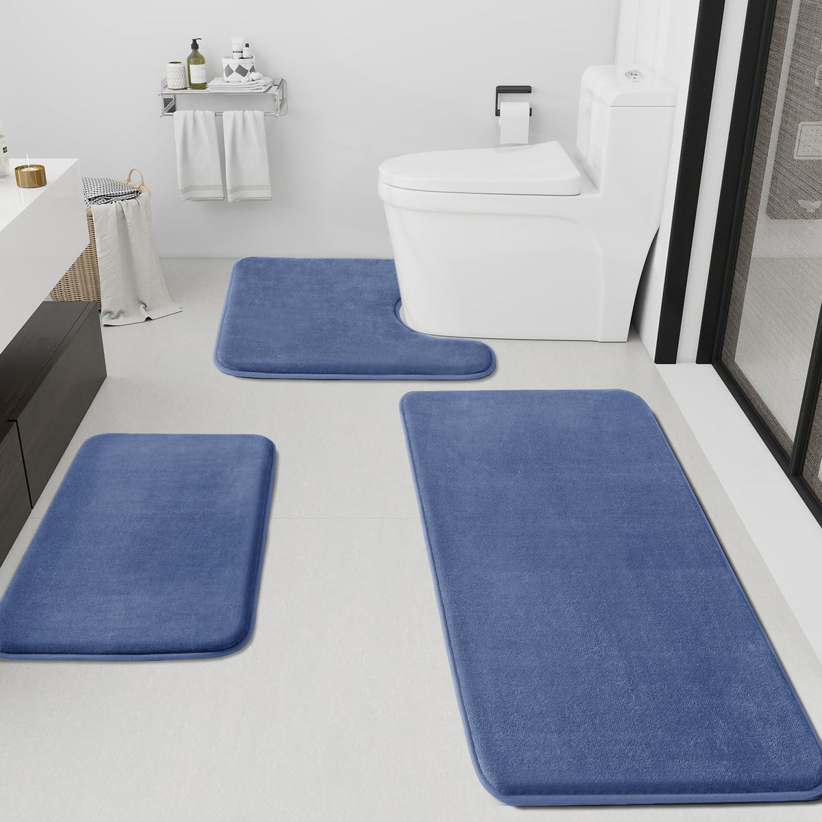 HUXMEYSON Bathroom Rugs Sets 3 Piece, Non-Slip & Quick Dry Bath Mat Set, Ultra Soft Velvet Bath Rugs for Bathroom, Toilet and Shower Floor, Grey