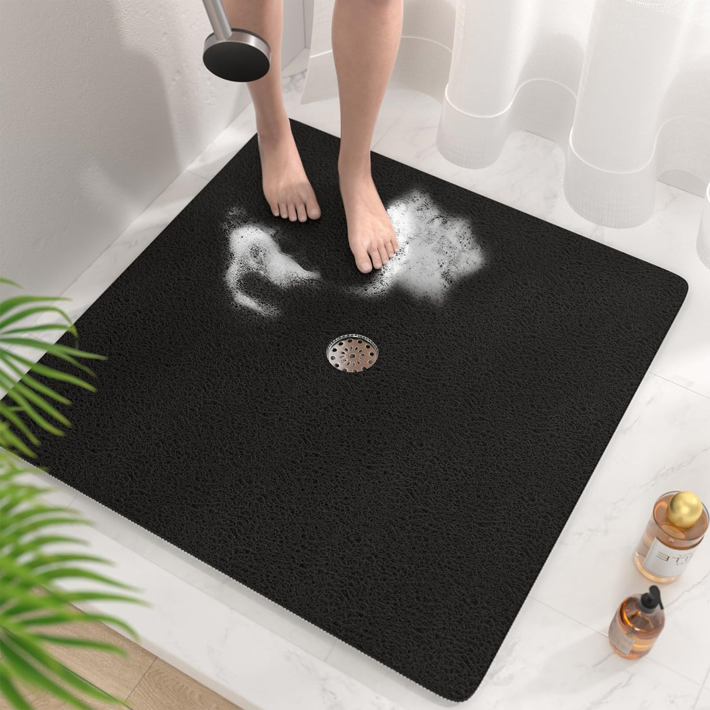 HITSLAM Square Shower Mat, 24 x 24 Inch Non Slip Bath Mat for Tub, Soft PVC Loofah Bathtub Mats with Drain Holes, Quick Drying Bathroom Stall Floor Mat, Bathroom Accessories Without Suction Cup, Grey